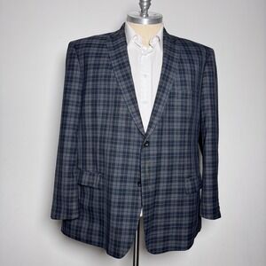 Vitali Blazer Mens 54R Charcoal Gray Blue Plaid Two Button Sport Coat Jacket